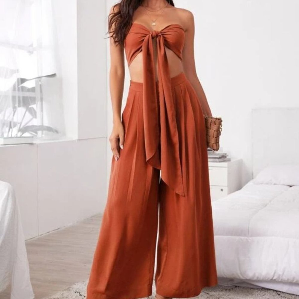 Tie Front Tube Top & Pleated Wide Leg Pants Set  burnt orange - Picture 4 of 12